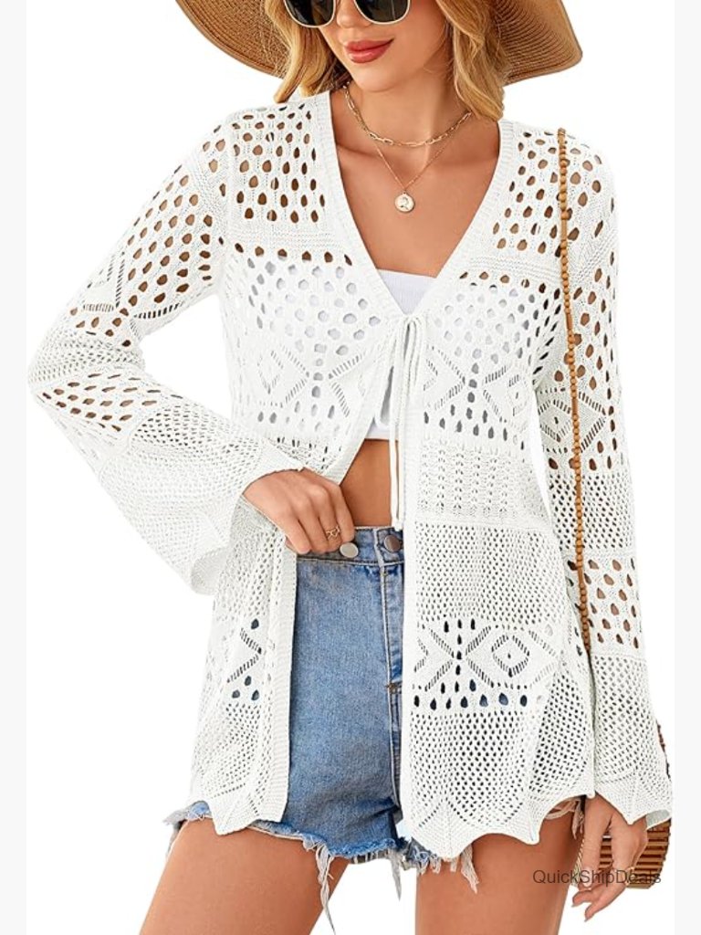 Lightweight Crochet Tie Front Cardigan Long Sleeve Knit Shrug Beach Coverup